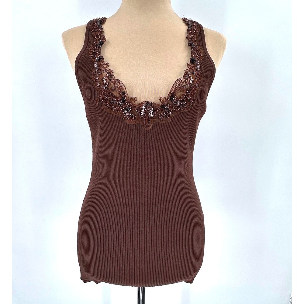 Cache Brown Ribbed Lace Sequin Beaded Sleeveless Tank Top Large 20227